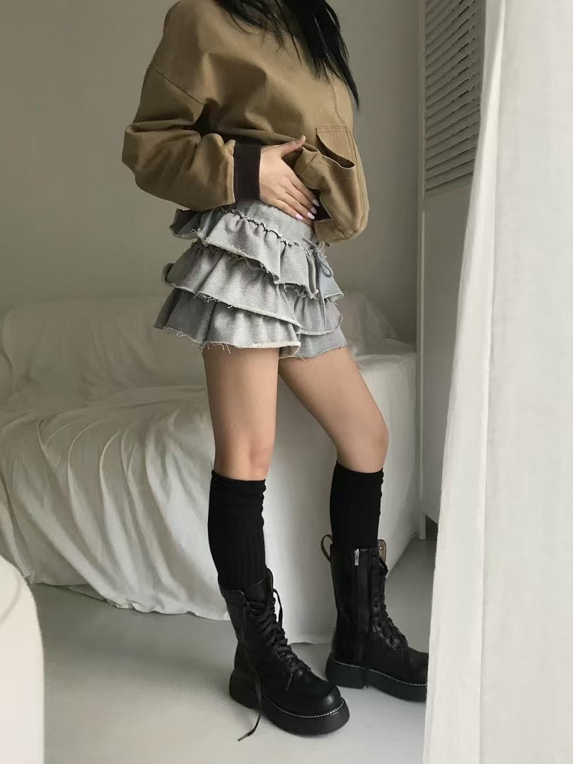 <集可愛與性感於一身！絨面ruffle裙！> Baddie ruffle skirt (brown) - Glamorous oootd